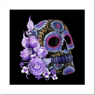 Purple Floral Black Sugar Skull Halloween Posters and Art